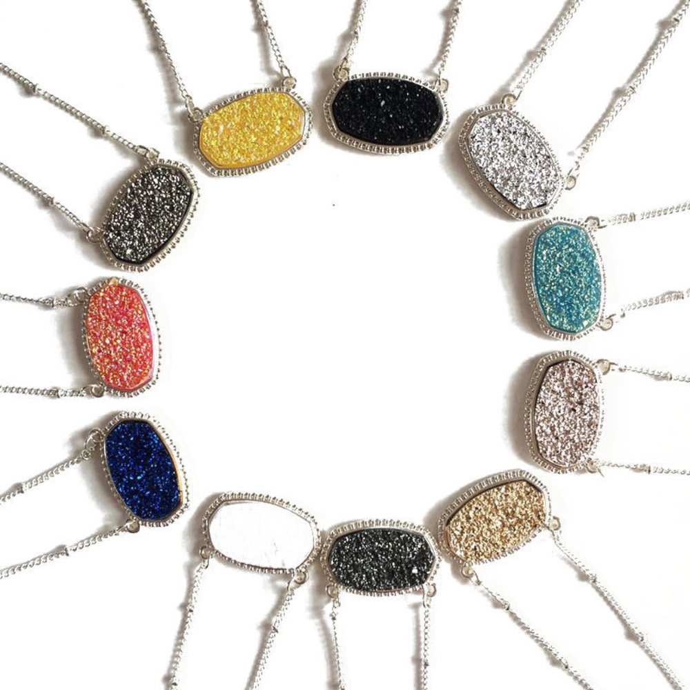Pendant Necklace Drusy Stone Oval Silver Chain